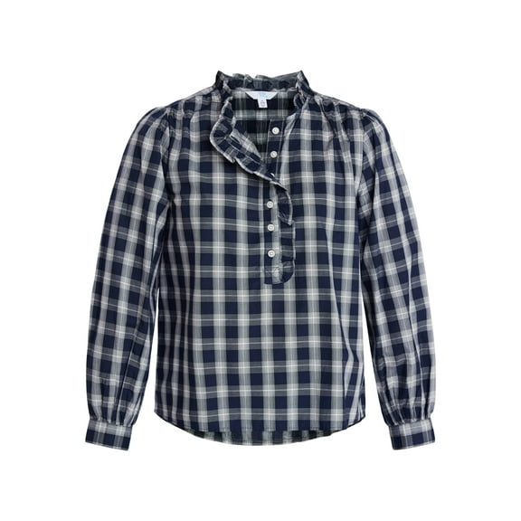 Time and Tru Women's Ruffle Neck Button Front Cotton Shirt with Long Sleeves, Sizes XS-XXXL