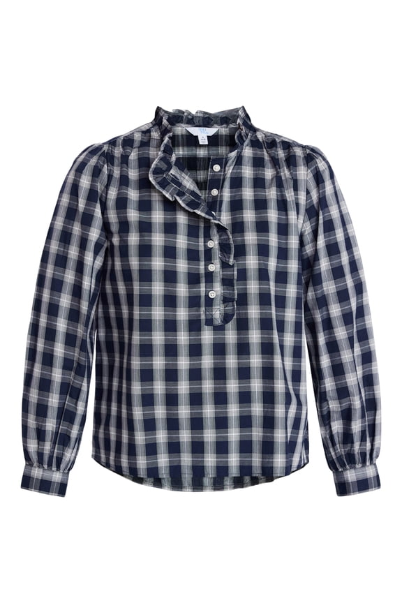 Women's Ruffle Neck Button Front Cotton Shirt with Long Sleeves, Sizes XS-XXXL