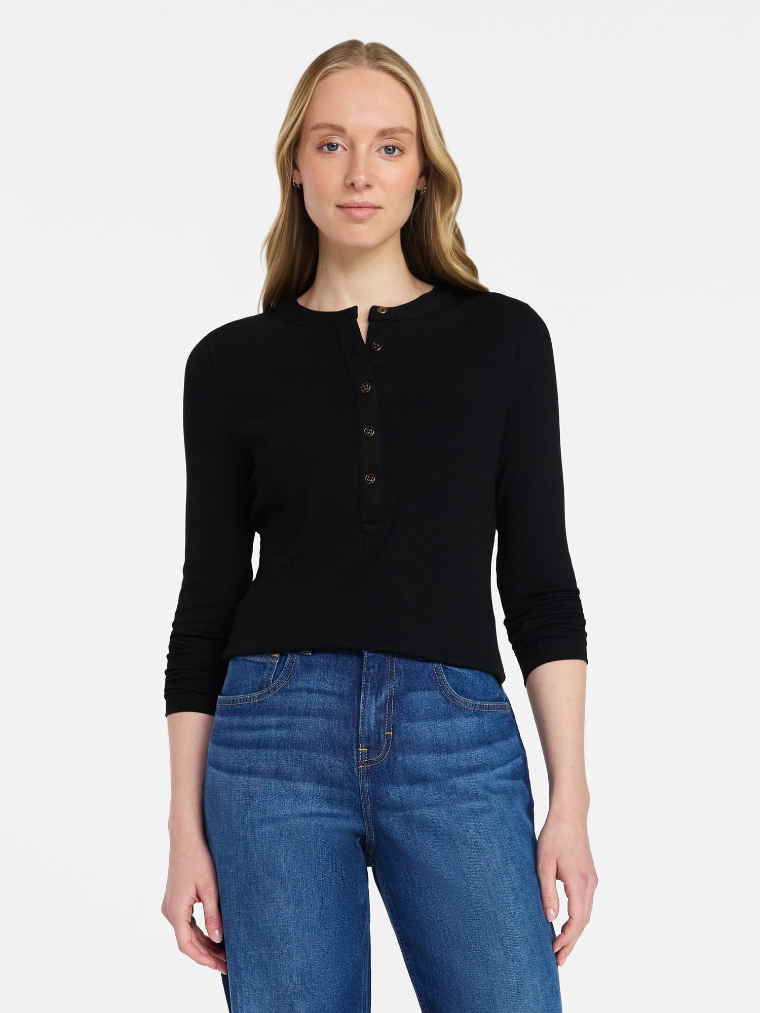 Time and Tru Women's Ribbed Henley with Long Sleeves, Sizes XS-XXXL
