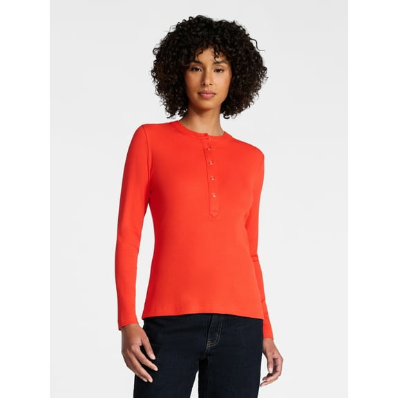 Time and Tru Women's Ribbed Henley with Long Sleeves, Sizes XS-XXXL