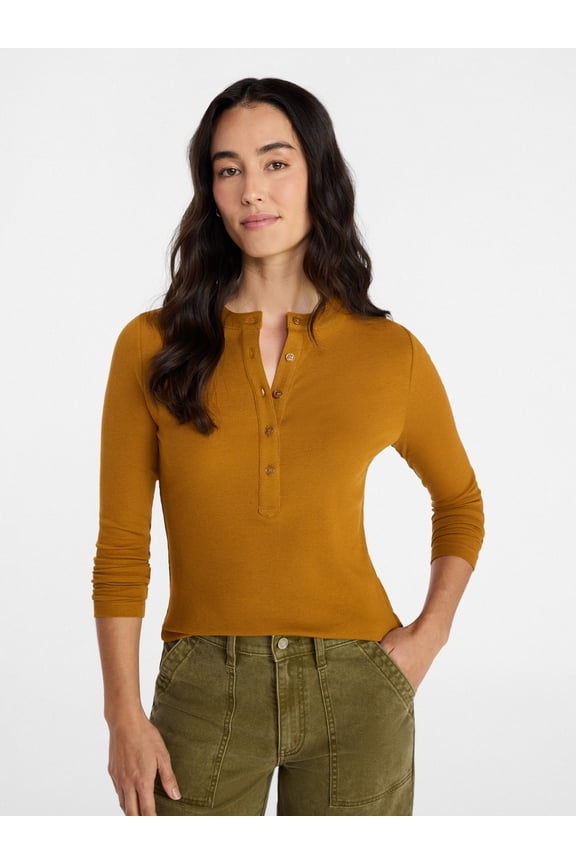 Women's Ribbed Henley with Long Sleeves, Sizes XS-XXXL