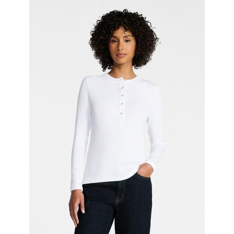 Women's Ribbed Henley with Long Sleeves, Sizes XS-XXXL
