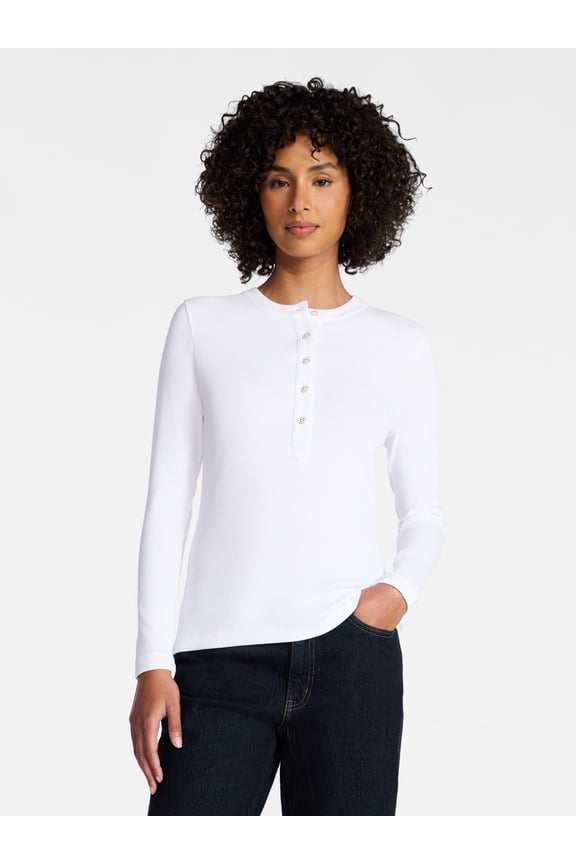 Women's Ribbed Henley with Long Sleeves, Sizes XS-XXXL