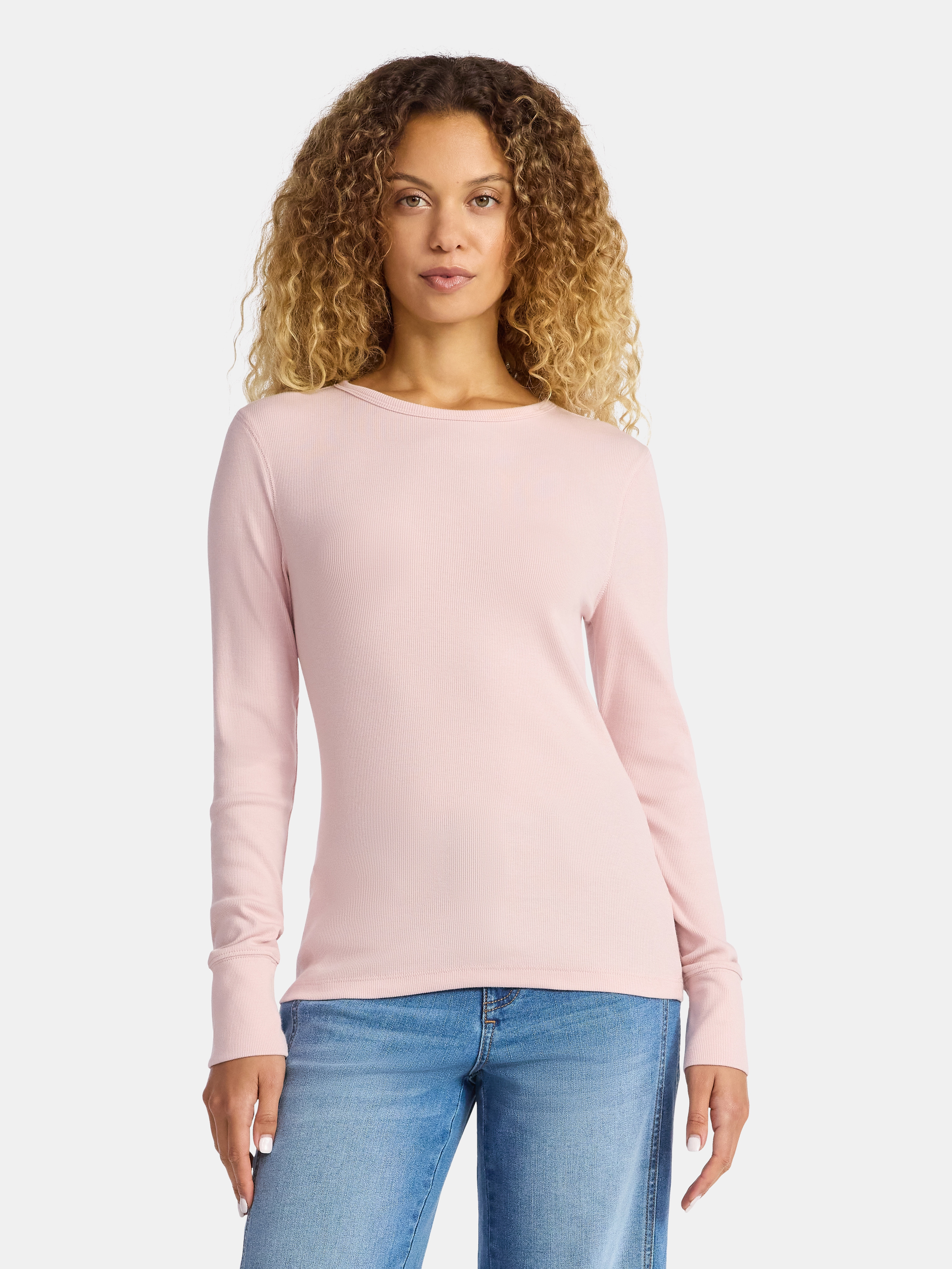 Time and Tru Women's Rib Tee with Long Sleeves, Size XS-XXXL