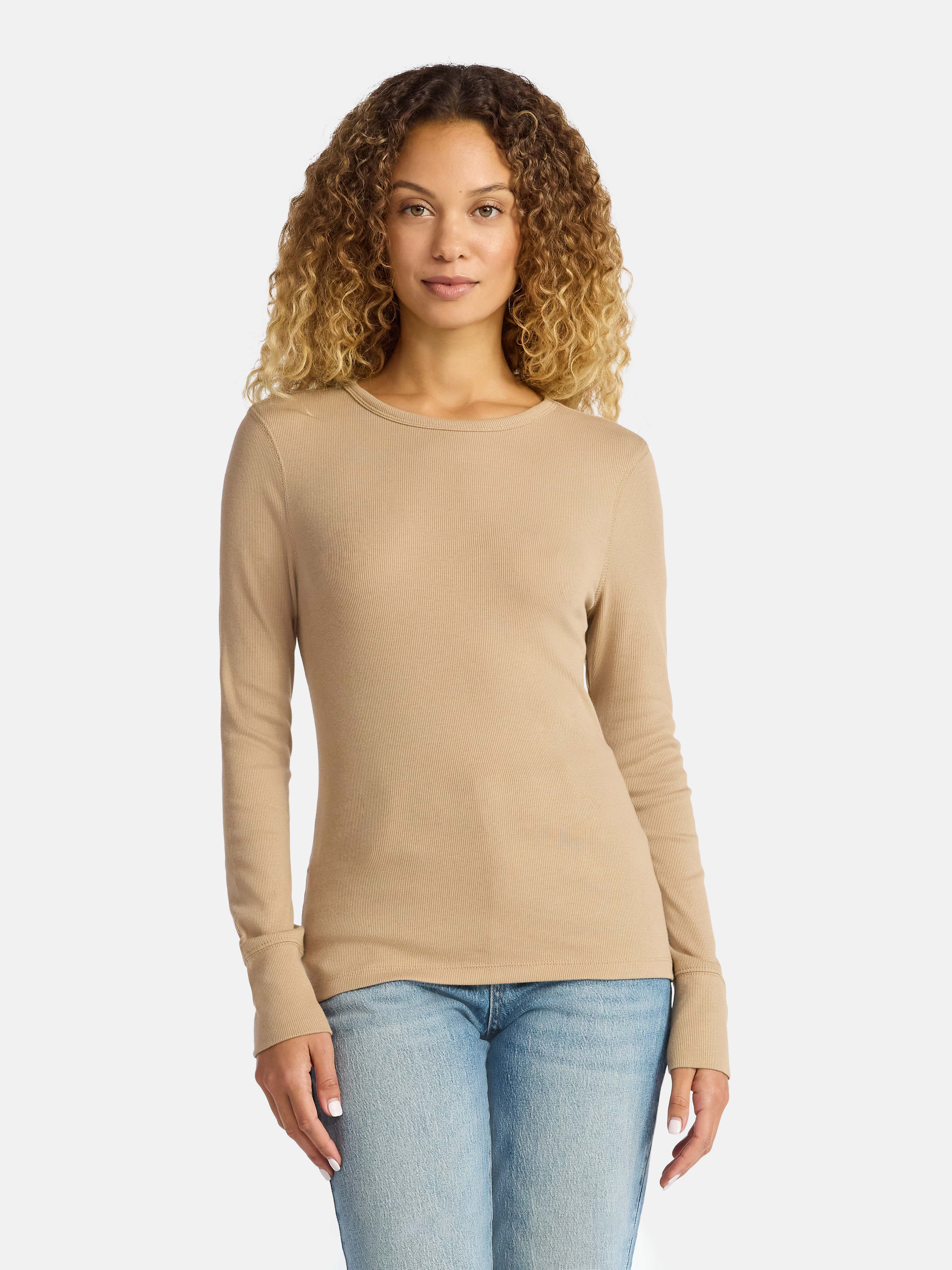 Time and Tru Women's Rib Tee with Long Sleeves, Size XS-XXXL