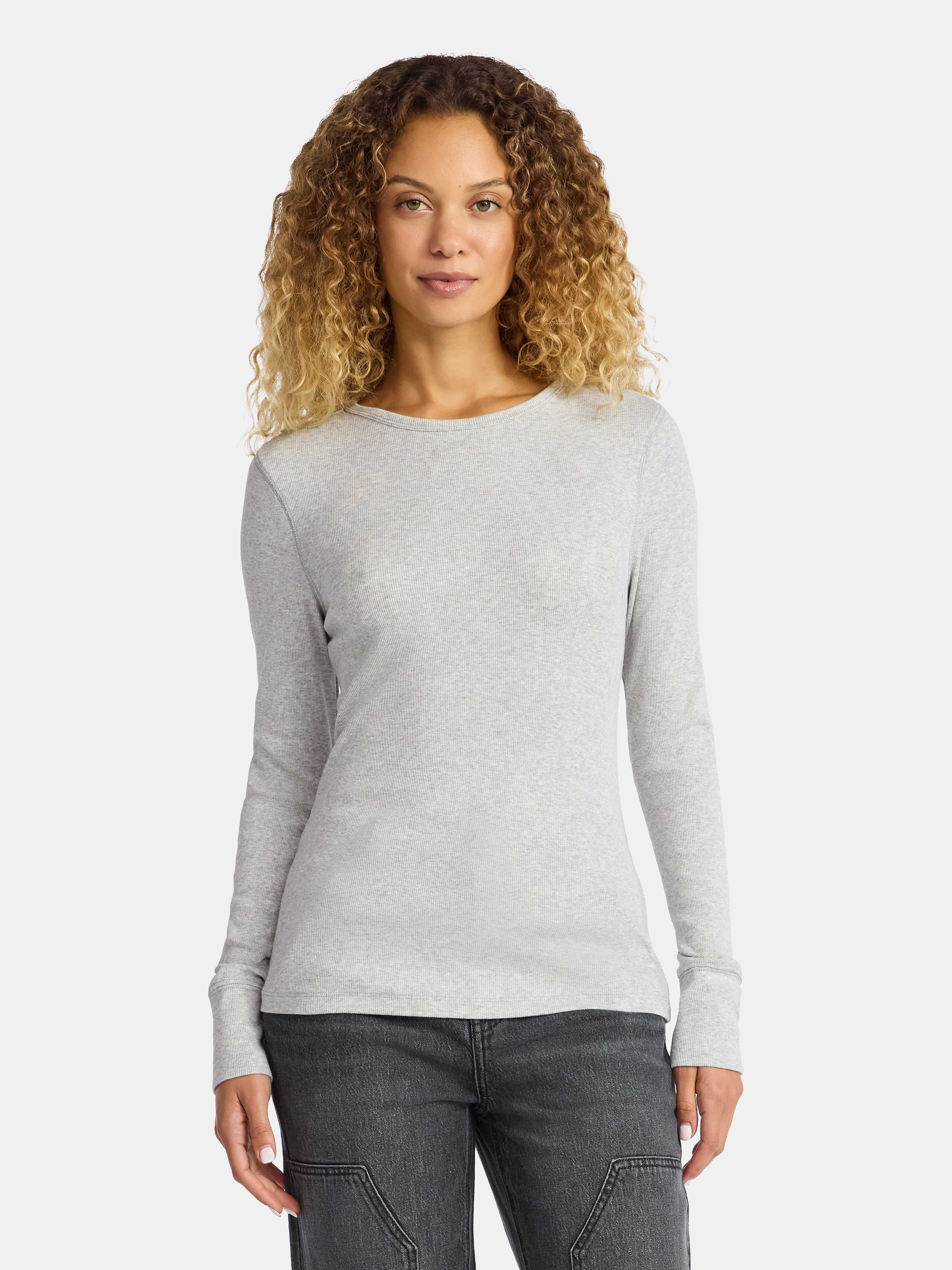 Time and Tru Women's Rib Tee with Long Sleeves, Size XS-XXXL