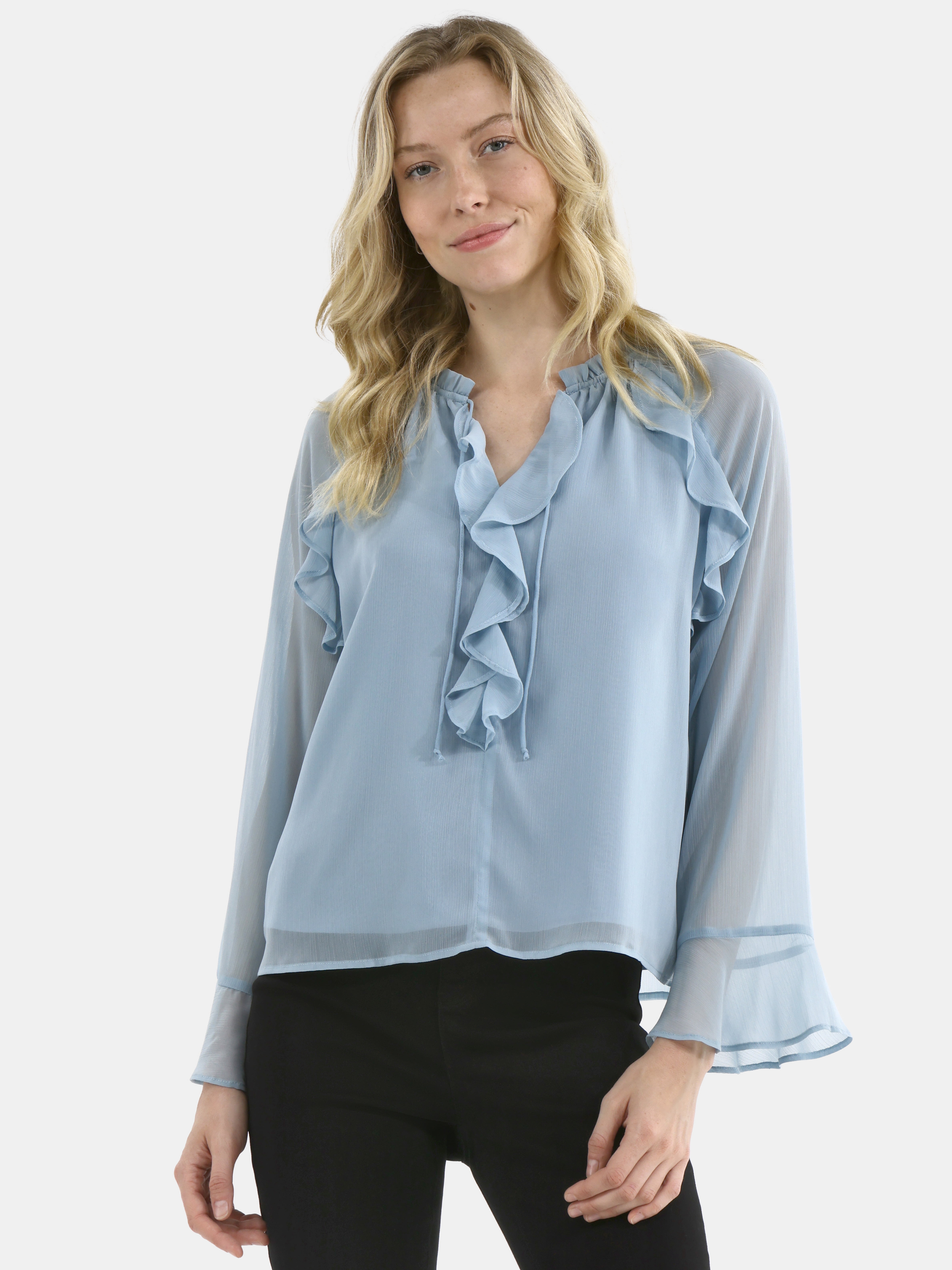Time and Tru Women's Ruffle Blouse with Long Sleeves, Sizes XS-XXXL