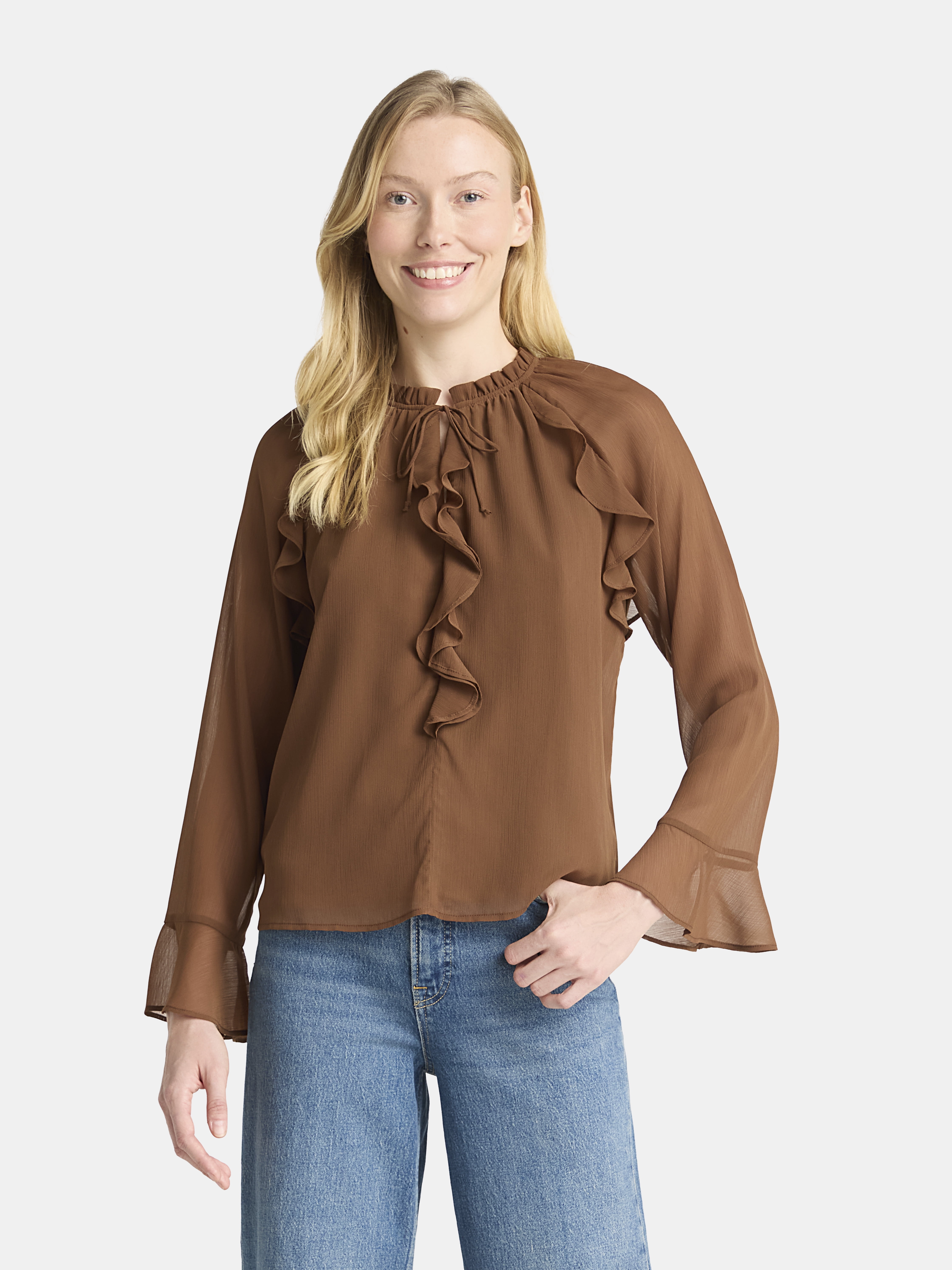 Time and Tru Women's Ruffle Blouse with Long Sleeves, Sizes XS-XXXL