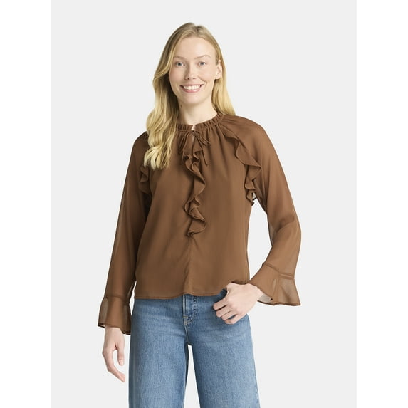 Time and Tru Women's Ruffle Blouse with Long Sleeves, Sizes XS-XXXL