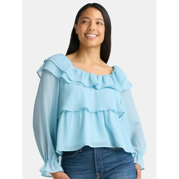 Time and Tru Women's Ruffle Neck Blouse with Long Sleeves, Sizes XS-3XL