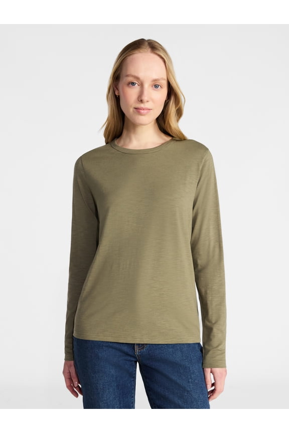 Women’s Slub Crewneck Tee with Long Sleeves, Sizes XS-XXXL