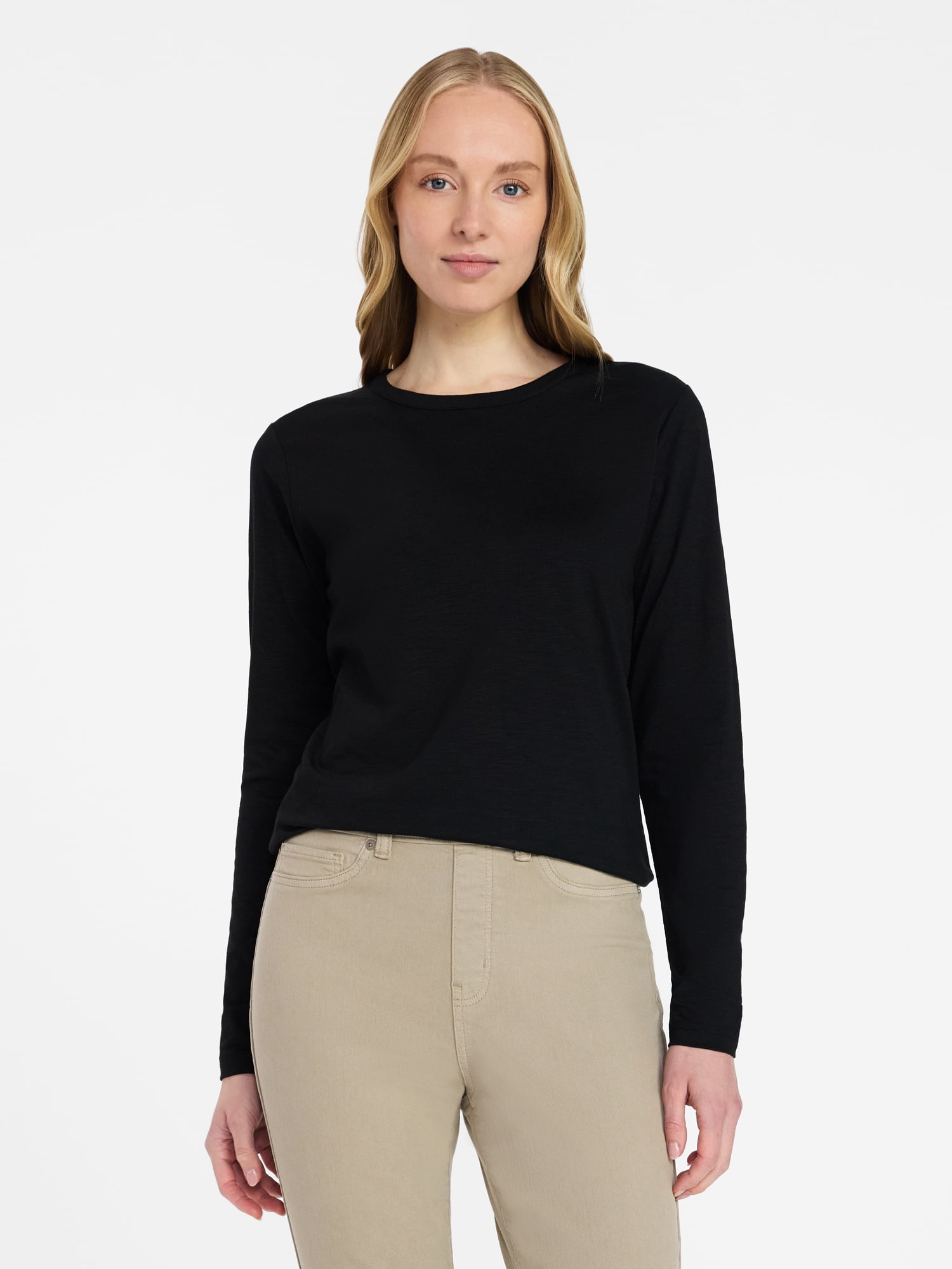 Time and Tru Women’s Slub Crewneck Tee with Long Sleeves, Sizes XS-XXXL