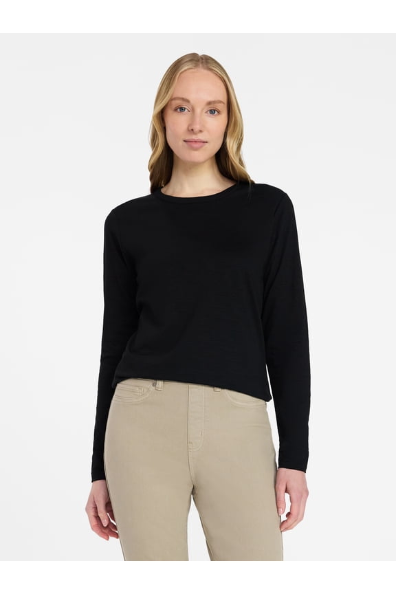 Women’s Slub Crewneck Tee with Long Sleeves, Sizes XS-XXXL