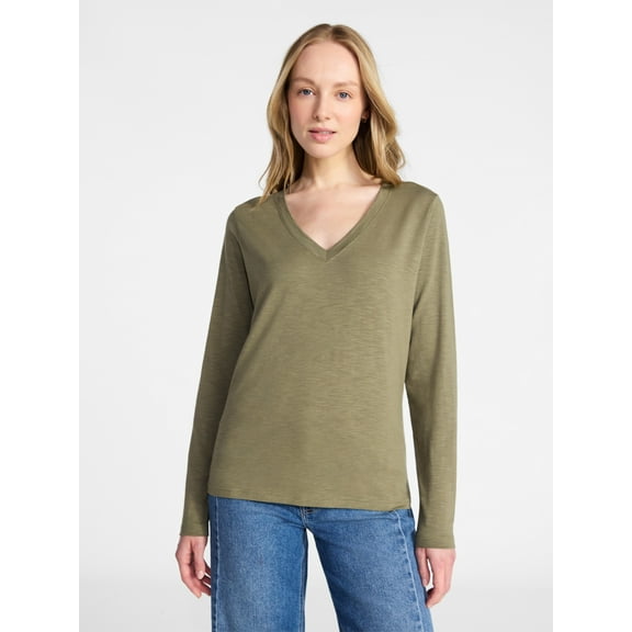Time and Tru Women's Slub V-Neck Tee with Long Sleeves, Sizes XS-XXXL