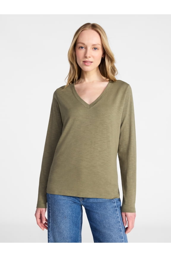 Women's Slub V-Neck Tee with Long Sleeves, Sizes XS-XXXL