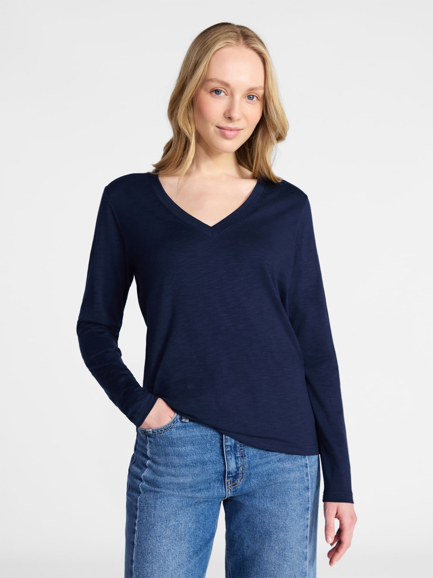Time and Tru Women's Slub V-Neck Tee with Long Sleeves, Sizes XS-XXXL