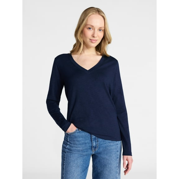 Time and Tru Women's Slub V-Neck Tee with Long Sleeves, Sizes XS-XXXL