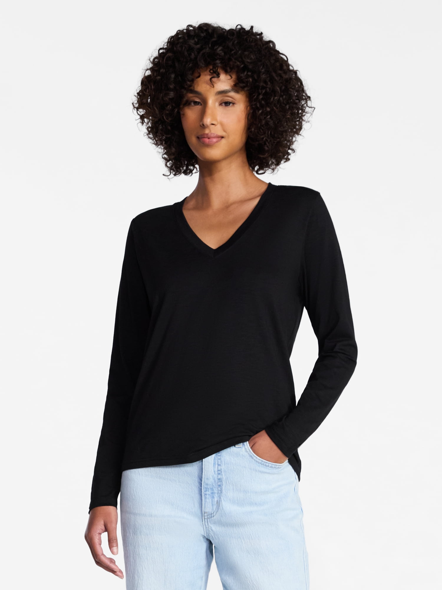 Time and Tru Women's Slub V-Neck Tee with Long Sleeves, Sizes XS-XXXL