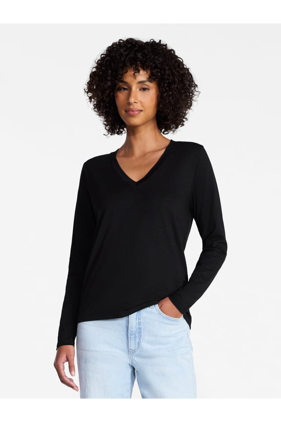 Women's Slub V-Neck Tee with Long Sleeves, Sizes XS-XXXL