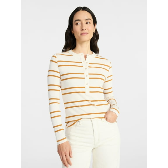 Time and Tru Women's Striped Henley with Long Sleeves, Sizes XS-XXXL