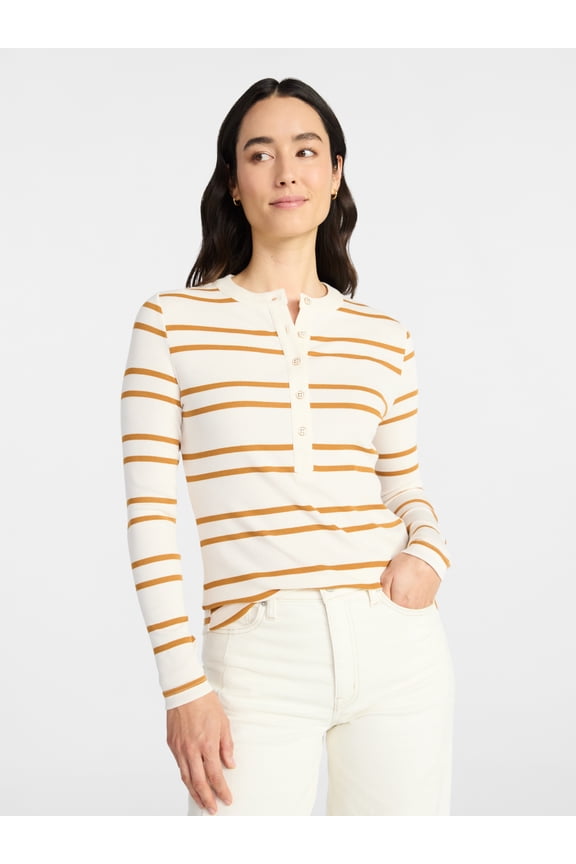 Women's Striped Henley with Long Sleeves, Sizes XS-XXXL