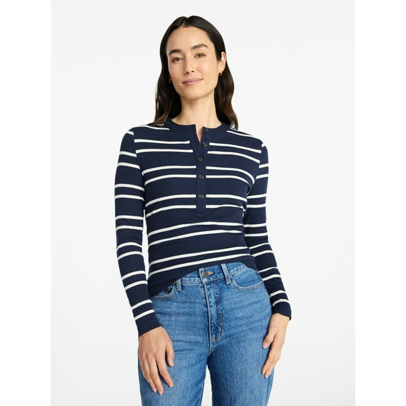 Time and Tru Women's Striped Henley with Long Sleeves, Sizes XS-XXXL