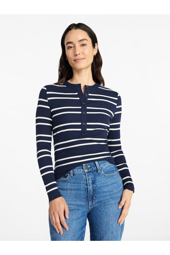 Women's Striped Henley with Long Sleeves, Sizes XS-XXXL