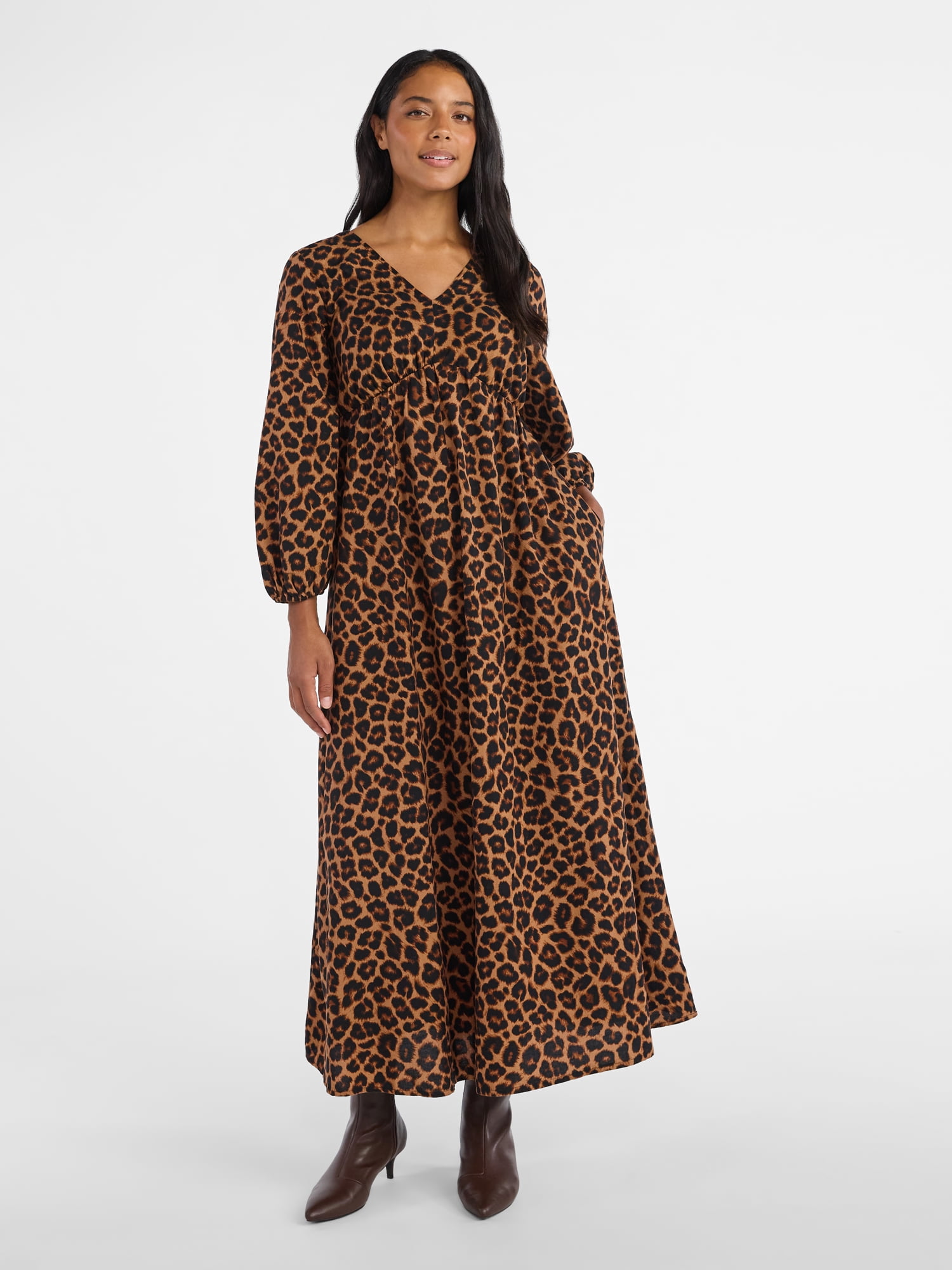 Time and Tru Women's Tie Back Maxi Dress with 3/4-Length Sleeves, Sizes XS-XXXL