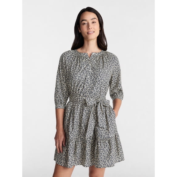 Time and Tru Women's Cotton Tiered Mini Dress with Ruffle Hem, Sizes XS-XXXL
