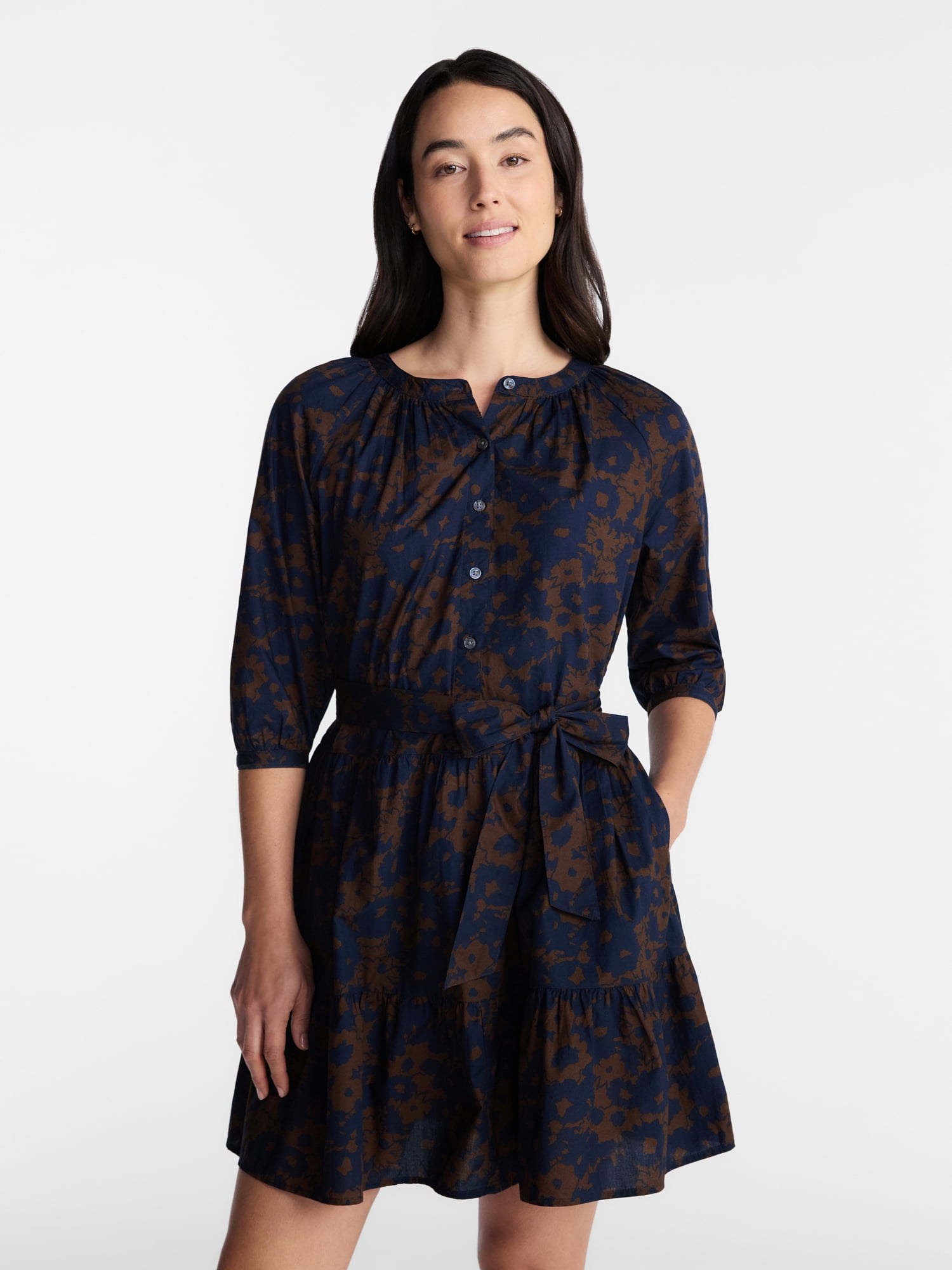Time and Tru Women's Cotton Tiered Mini Dress with Ruffle Hem, Sizes XS-XXXL