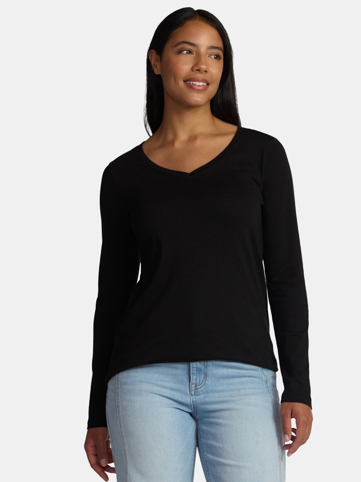 Time and Tru Women's Cotton V-Neck Tee with Long Sleeves, Sizes XS-XXXL