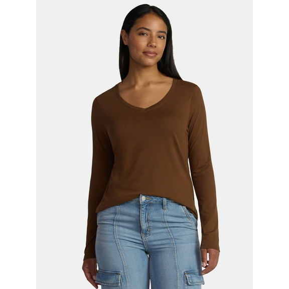 Time and Tru Women's Cotton V-Neck Tee with Long Sleeves, Sizes XS-XXXL