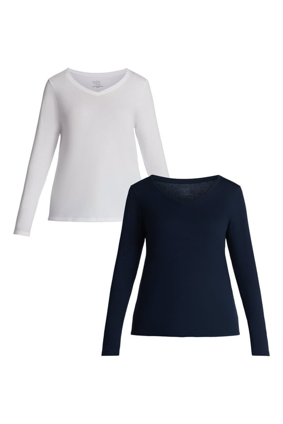 Women's Cotton V-Neck Tee with Long Sleeves, 2-Pack, Sizes XS-XXXL