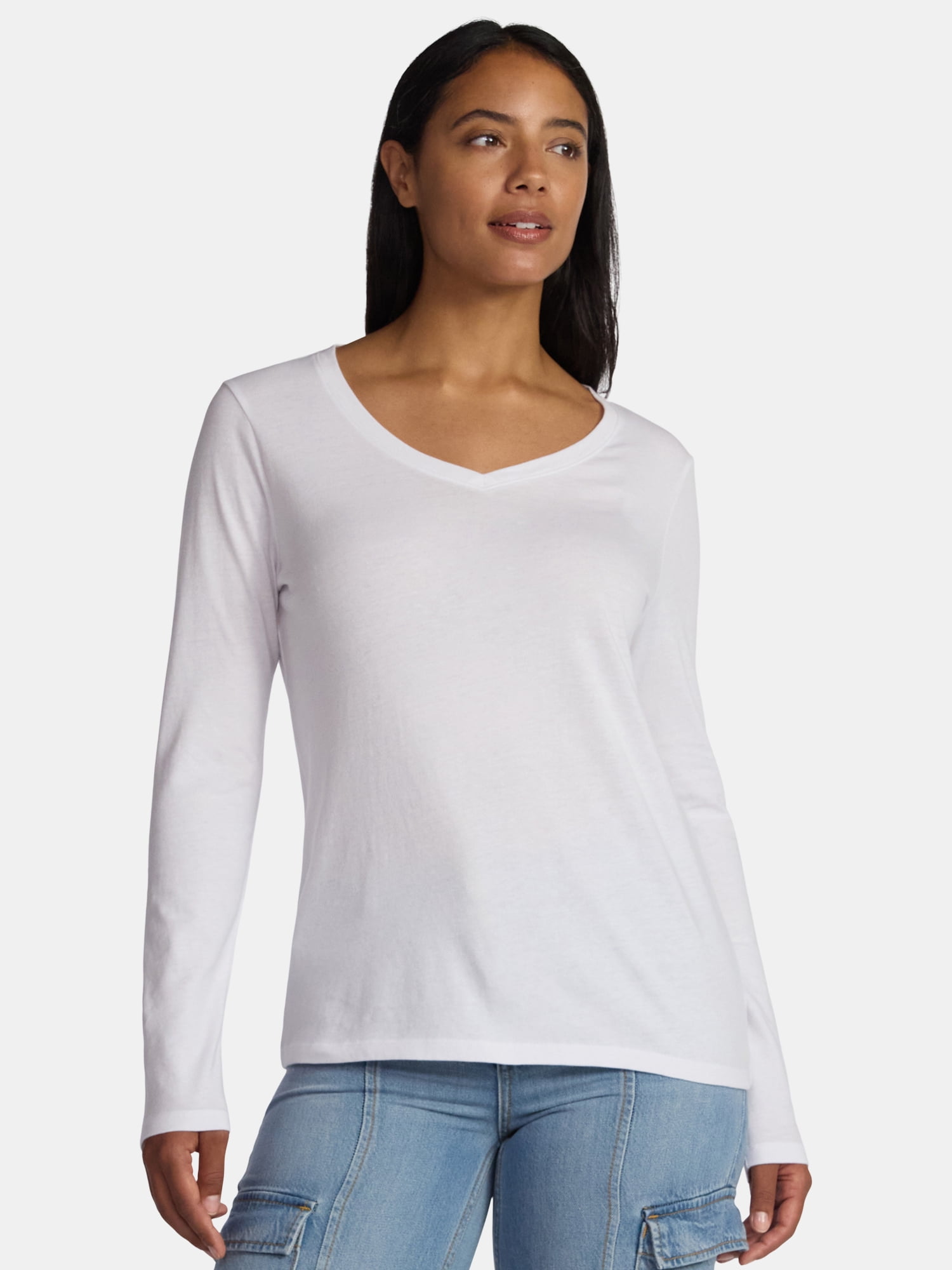 Time and Tru Women's Cotton V-Neck Tee with Long Sleeves, Sizes XS-XXXL