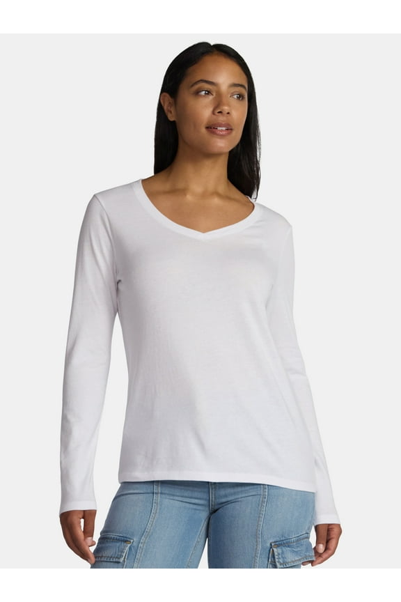 Women's Cotton V-Neck Tee with Long Sleeves, Sizes XS-XXXL