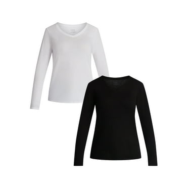 Time and Tru Women's Cotton V-Neck Tee with Long Sleeves, 2-Pack, Sizes XS-XXXL