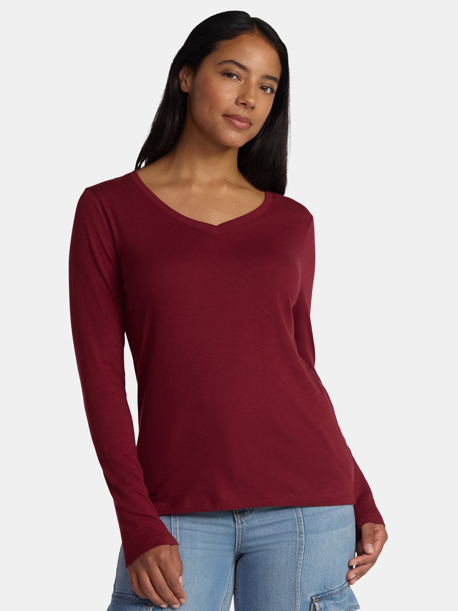 Time and Tru Women's Cotton V-Neck Tee with Long Sleeves, Sizes XS-XXXL