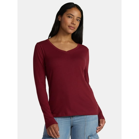 Time and Tru Women's Cotton V-Neck Tee with Long Sleeves, Sizes XS-XXXL