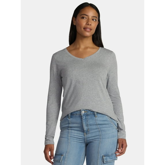 Time and Tru Women's Cotton V-Neck Tee with Long Sleeves, Sizes XS-XXXL