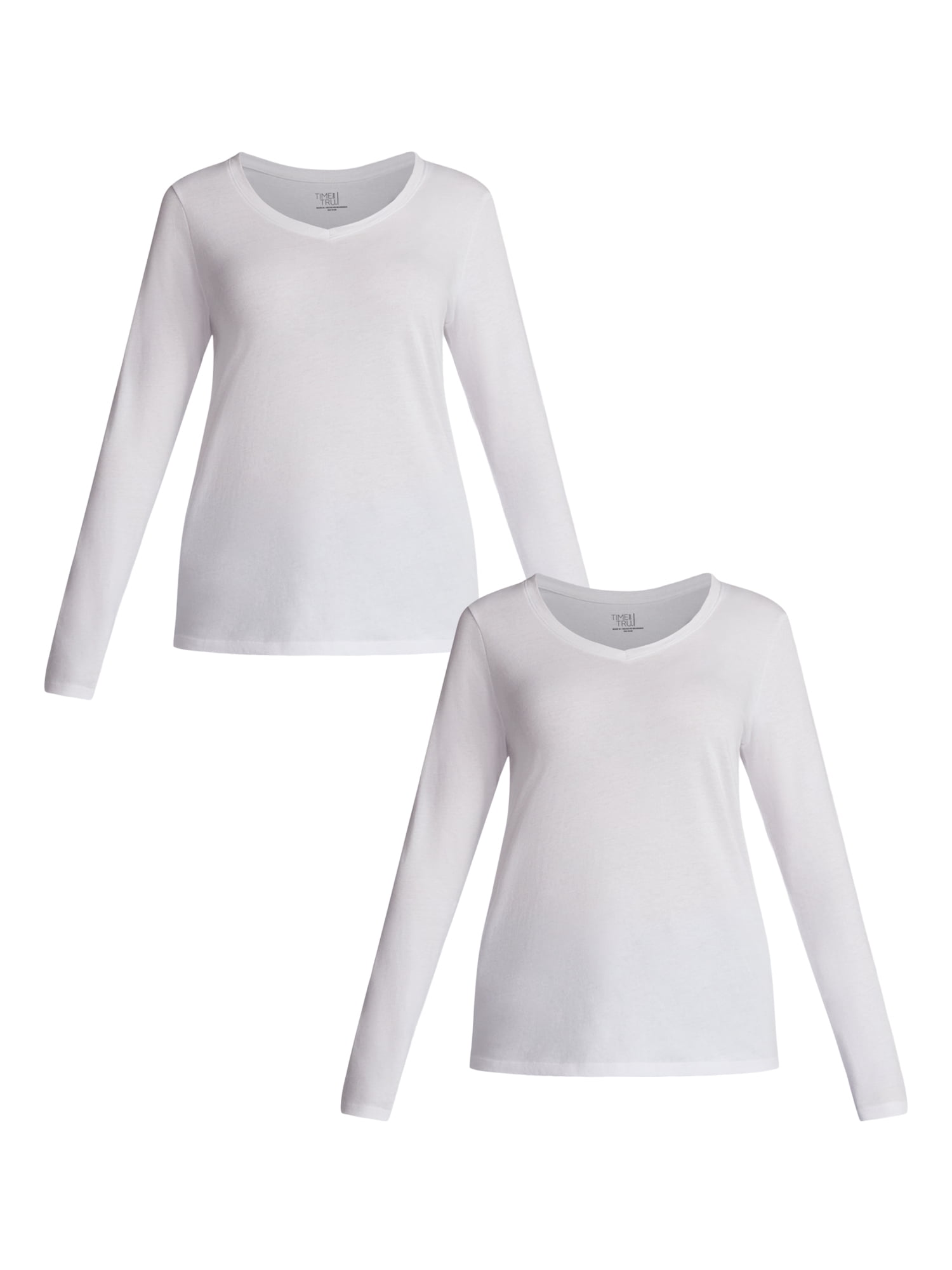 Time and Tru Women's Cotton V-Neck Tee with Long Sleeves, 2-Pack, Sizes XS-XXXL