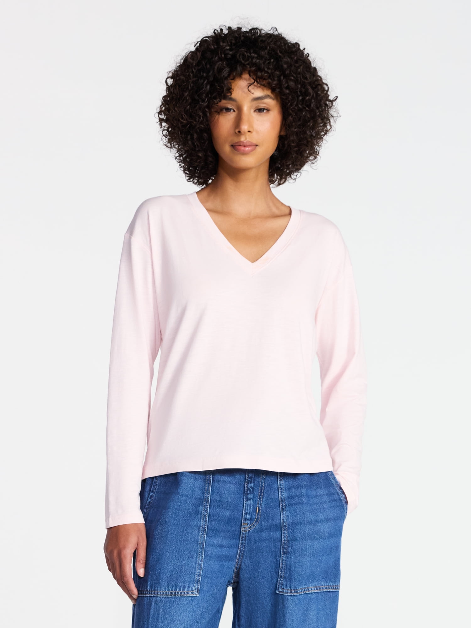 Time and Tru Women's Boxy Slub V-Neck Tee with Long Sleeves, Sizes XS-XXXL