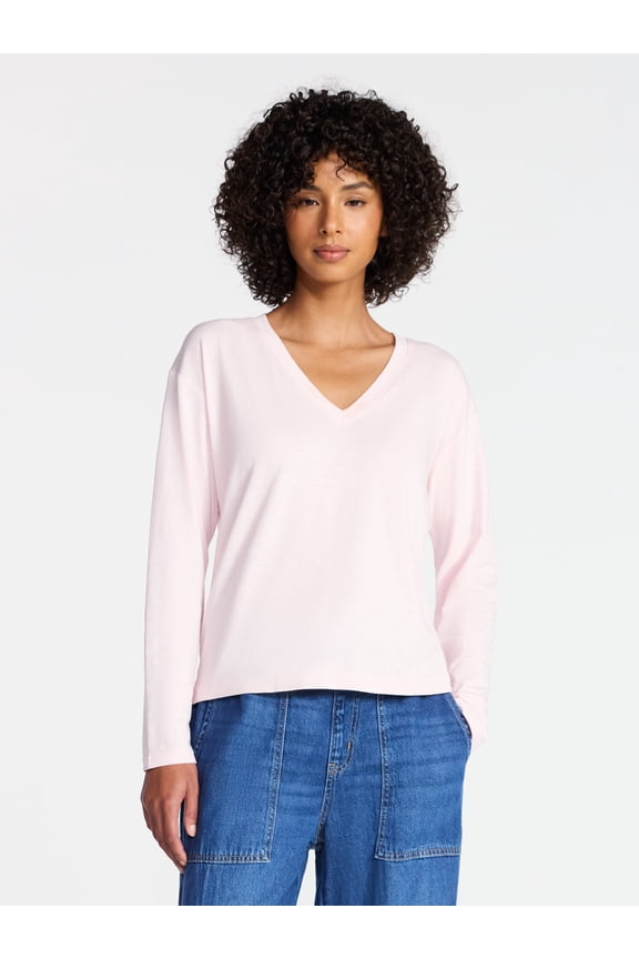 Women's Boxy Slub V-Neck Tee with Long Sleeves, Sizes XS-XXXL