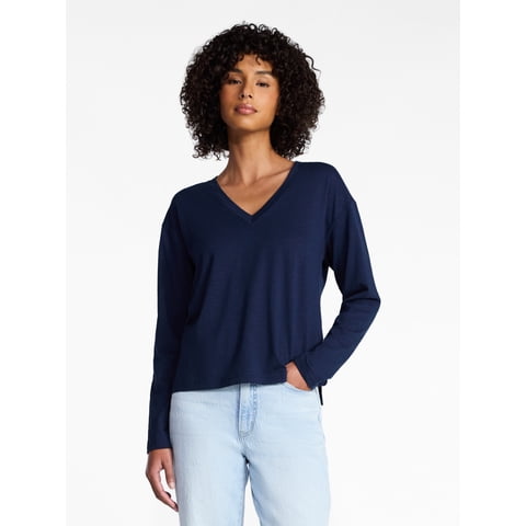 Women's Boxy Slub V-Neck Tee with Long Sleeves, Sizes XS-XXXL
