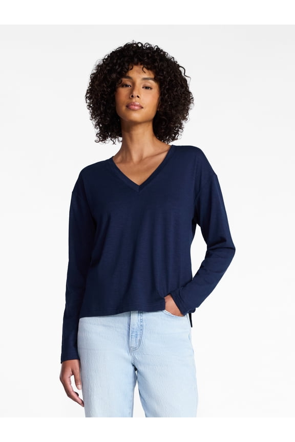 Women's Boxy Slub V-Neck Tee with Long Sleeves, Sizes XS-XXXL