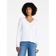 Women's Boxy Slub V-Neck Tee with Long Sleeves, Sizes XS-XXXL