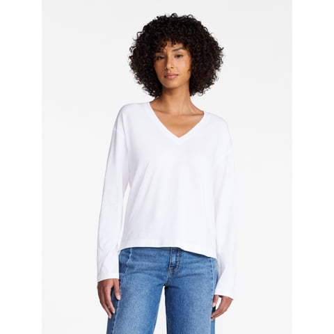 Women's Boxy Slub V-Neck Tee with Long Sleeves, Sizes XS-XXXL