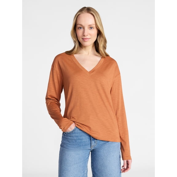 Time and Tru Women's Boxy Slub V-Neck Tee with Long Sleeves, Sizes XS-XXXL