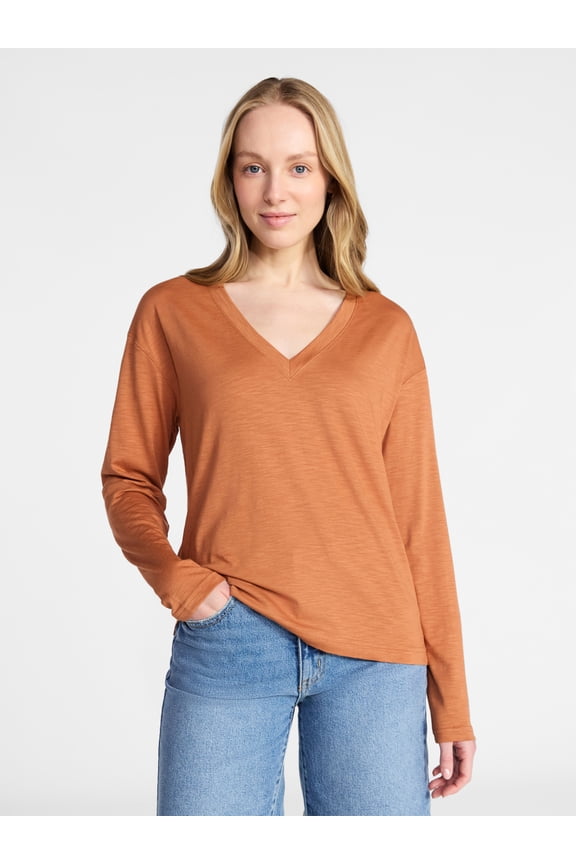 Women's Boxy Slub V-Neck Tee with Long Sleeves, Sizes XS-XXXL