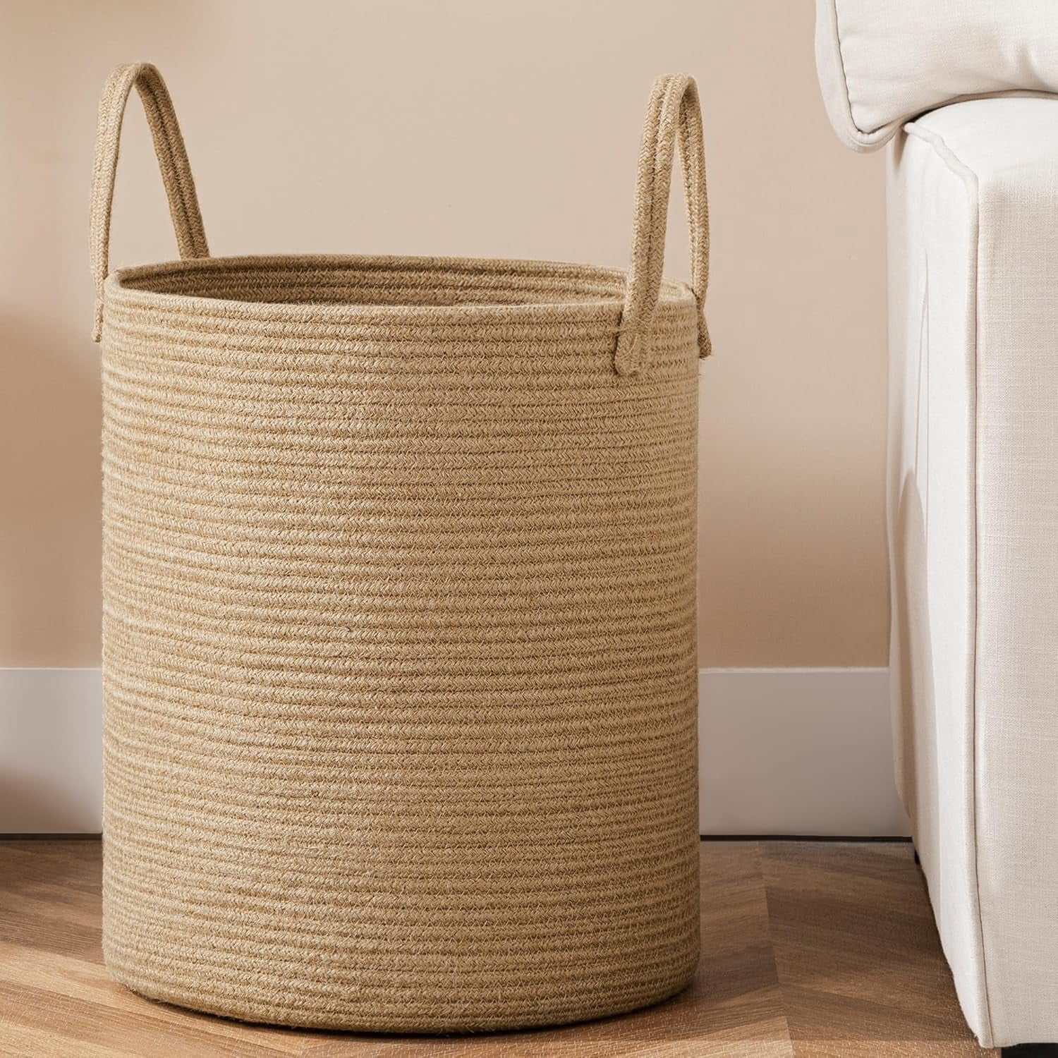 TT-Laundry Basket, 52L Woven Laundry Hamper, Baby Nursery Hamper for Toys, Blanket Basket for Living Room, Clothes Hamper for Bedroom&Baby Room, Jute