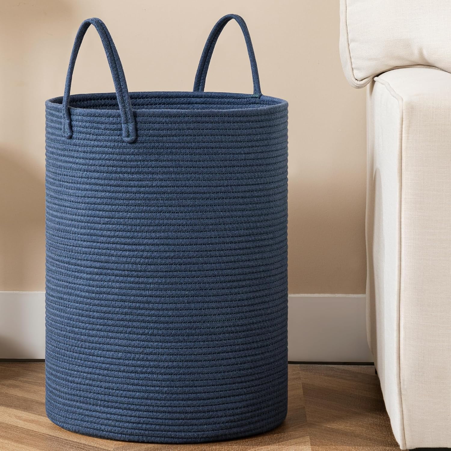 TT-Laundry Basket, 72L Woven Laundry Hamper, Baby Nursery Hamper for Toys, Blanket Basket for Living Room, Clothes Hamper for Bedroom&Baby Room, Blue